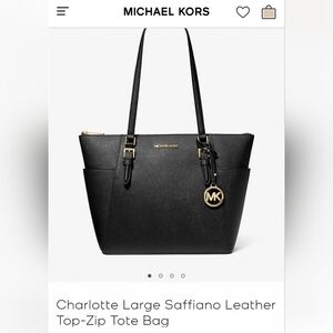 Michael Kors Charlotte Large Saffiano Leather Tote Bag Top Zip 15"×10"×4.5 Black